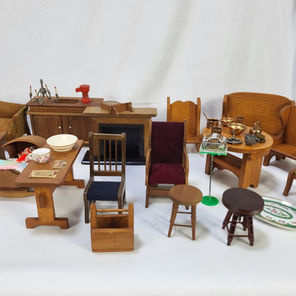 Large Lot VTG Dollhouse Furniture Wooden Miniature Sofa Chairs Fireplace Cradle - Picture 3 of 16